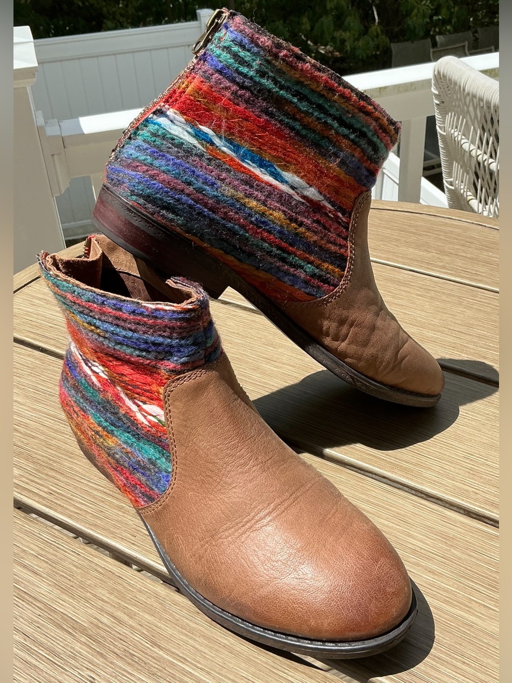 OTBT Aztec Western Ankle Boot Tan Leather Multi Woven Accent Cowgirl Zip SZ 9.5